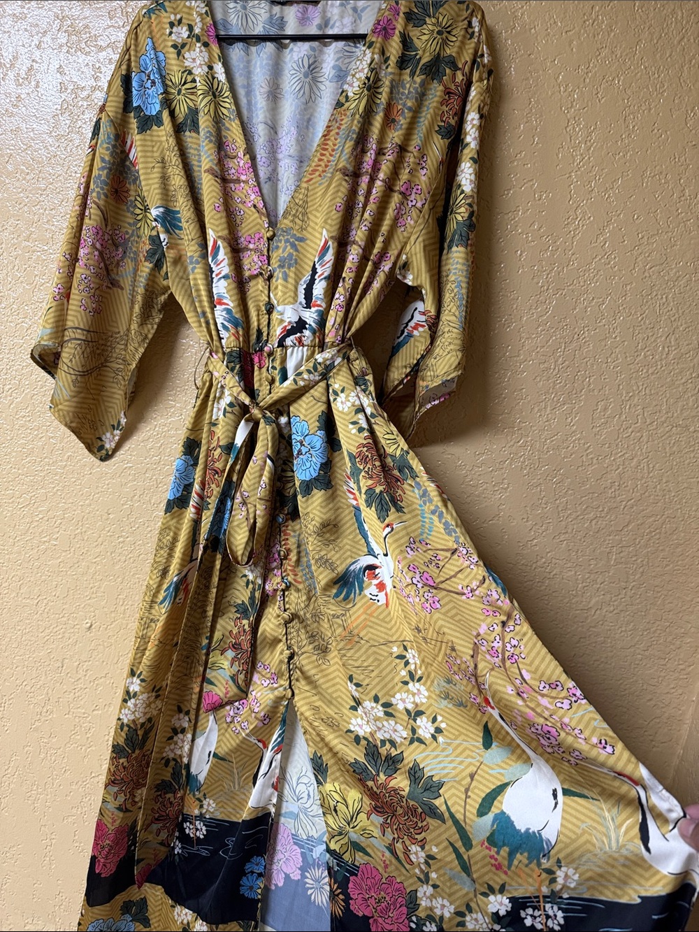 Zara Mustard Floral Kimono with Pink & Gray Blooms